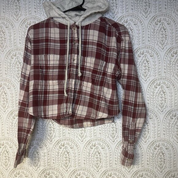 American Eagle Womens XS Plaid Hooded Crop Long Sleeve Button Down Hood - Picture 1 of 7